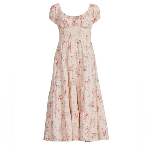 0306 - Puff Sleeve Smocked Midi Dress Dainty Floral Almond Milk - Picture 3 of 6